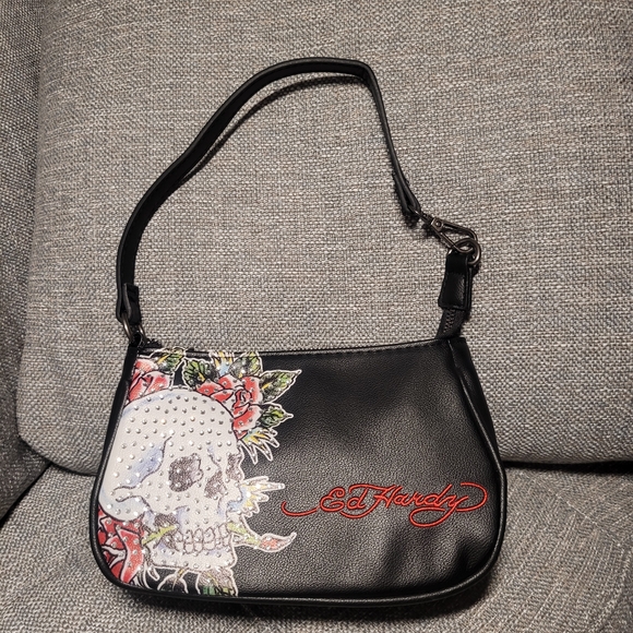 Ed Hardy Black Shoulder Bag with Skull and Floral Design - Picture 2 of 11
